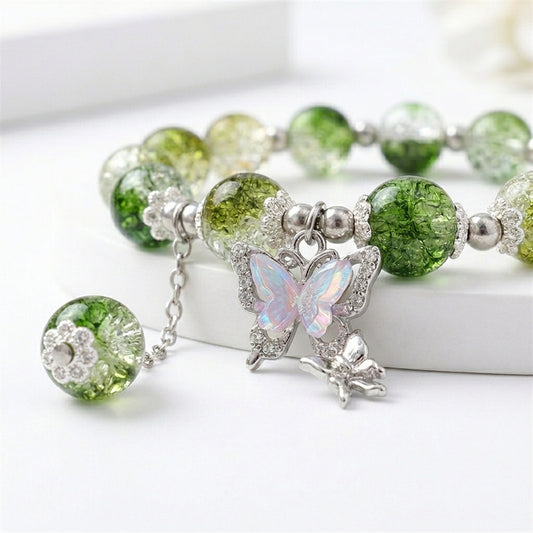 Butterfly Charm Bead Bracelet - Green