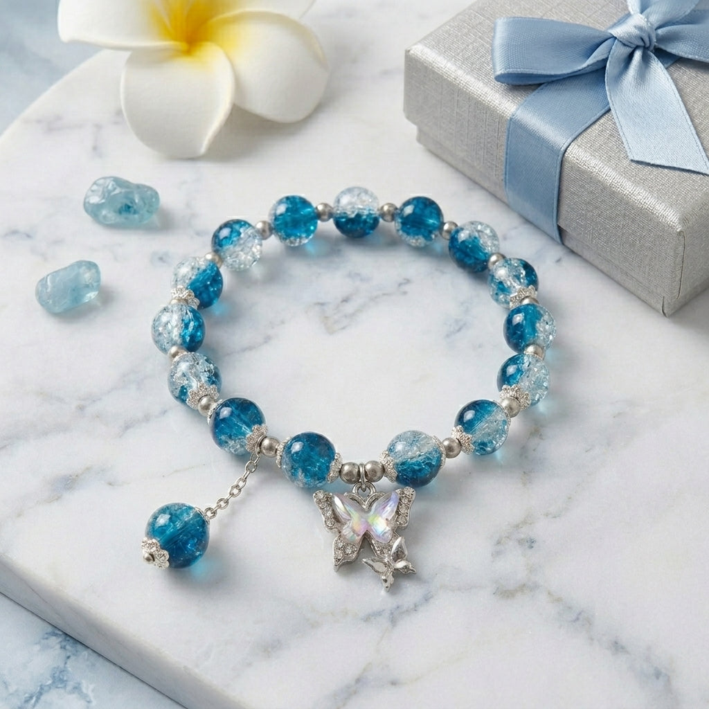 Butterfly Charm Bead Bracelet - Blue