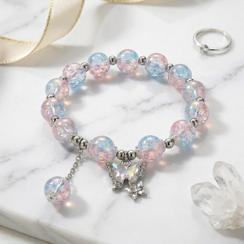 Butterfly Charm Bead Bracelet - Multicolor